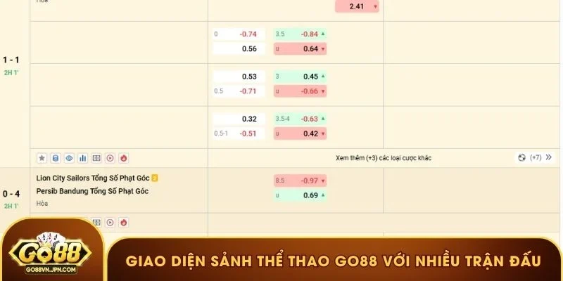 Giao diện sảnh thể thao GO88 với nhiều trận đấu quốc tế